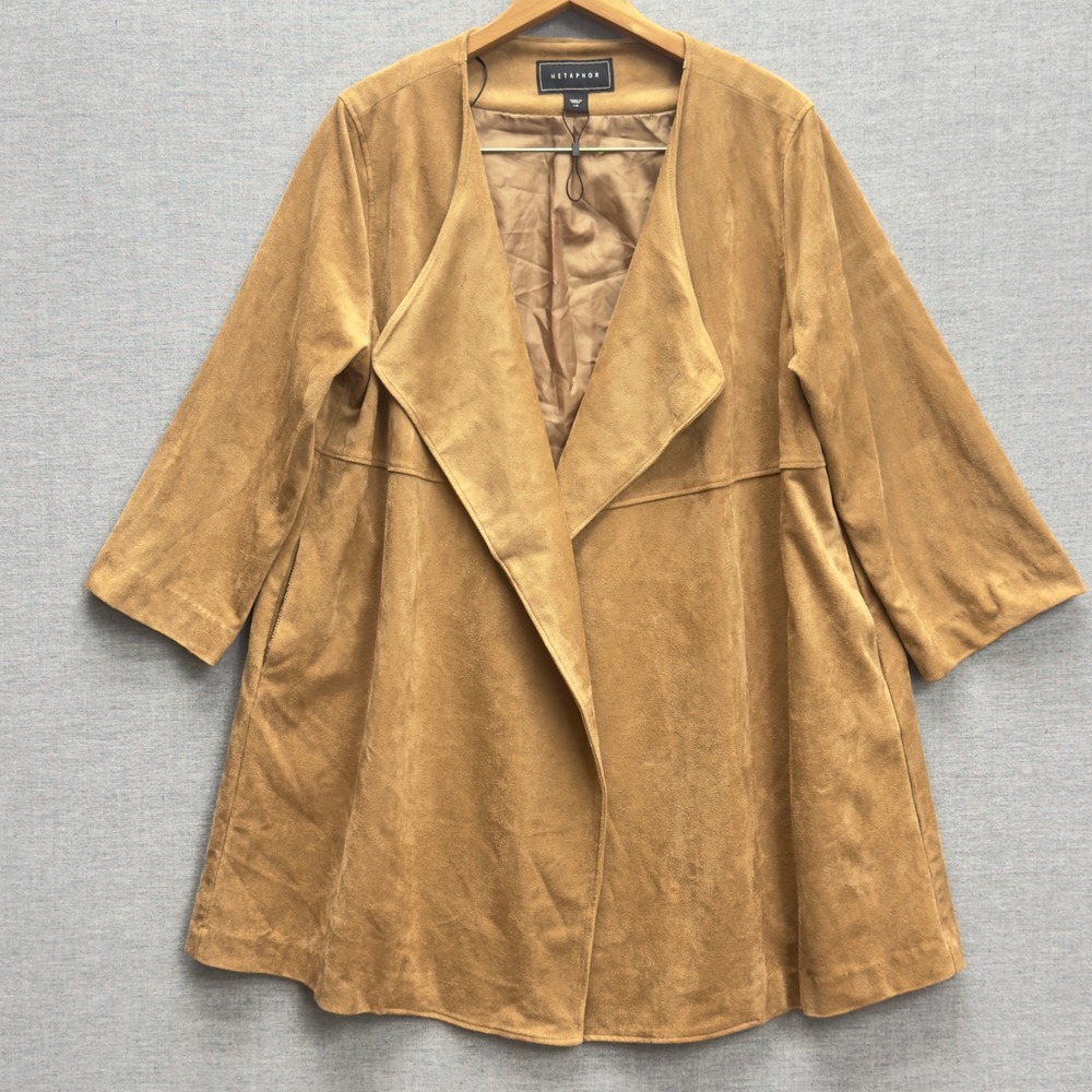 Metaphor Women's Tan‎ Suede Collarless Open Front 3/4 Sleeve Jacket Size L